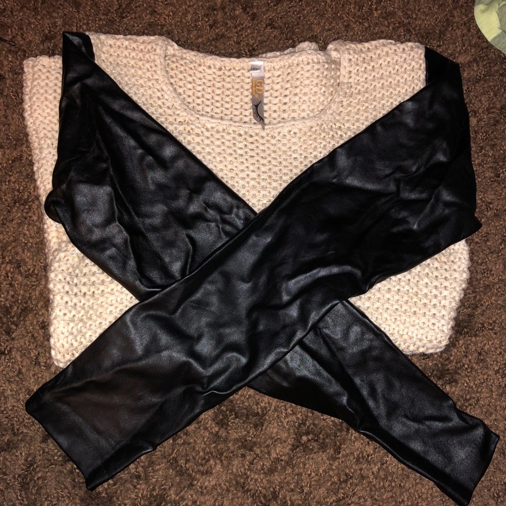 Cream sweater tunic w/ faux leather sleeves